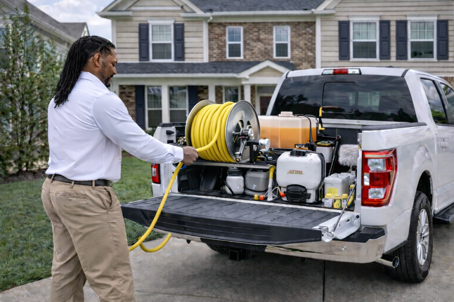 Technician treating exterior foundation to stop ants and roaches at San Antonio home