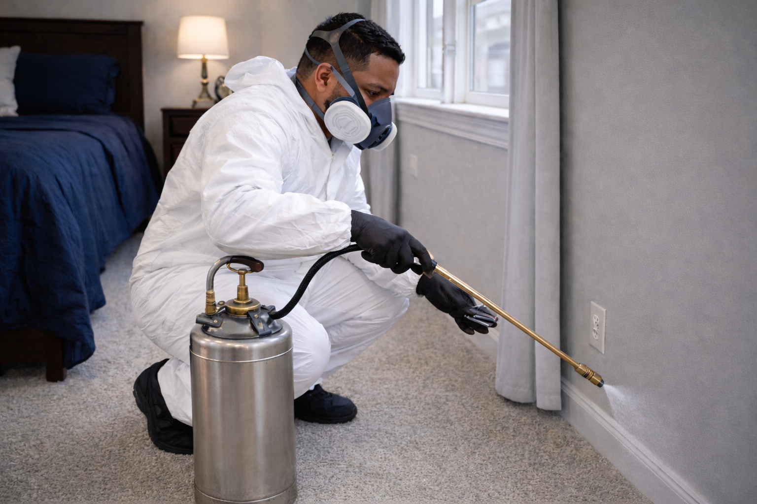 Pest control specialist inspecting entry points and pest activity with professional tools