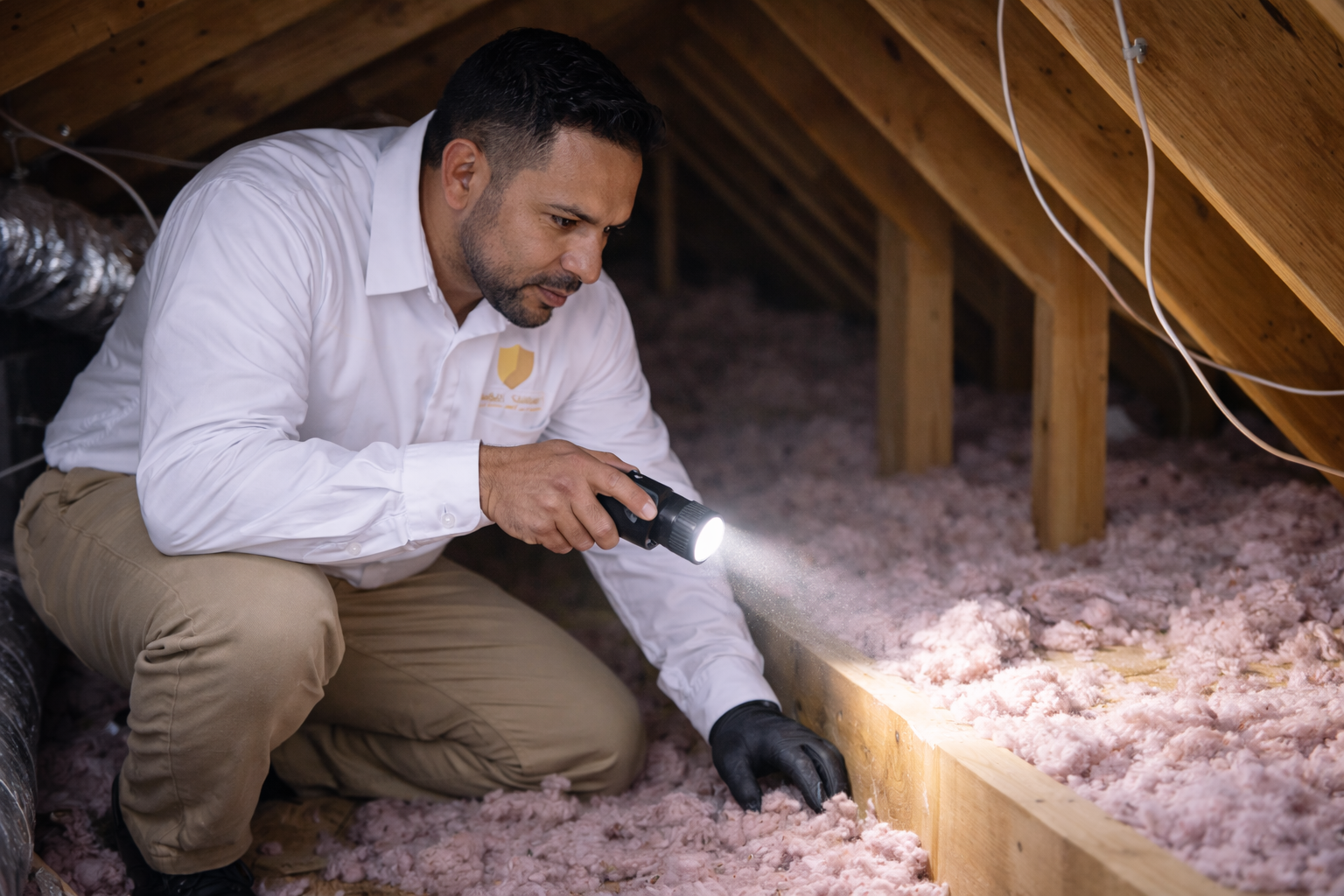 Technician sealing rodent entry gap near garage door at San Antonio property