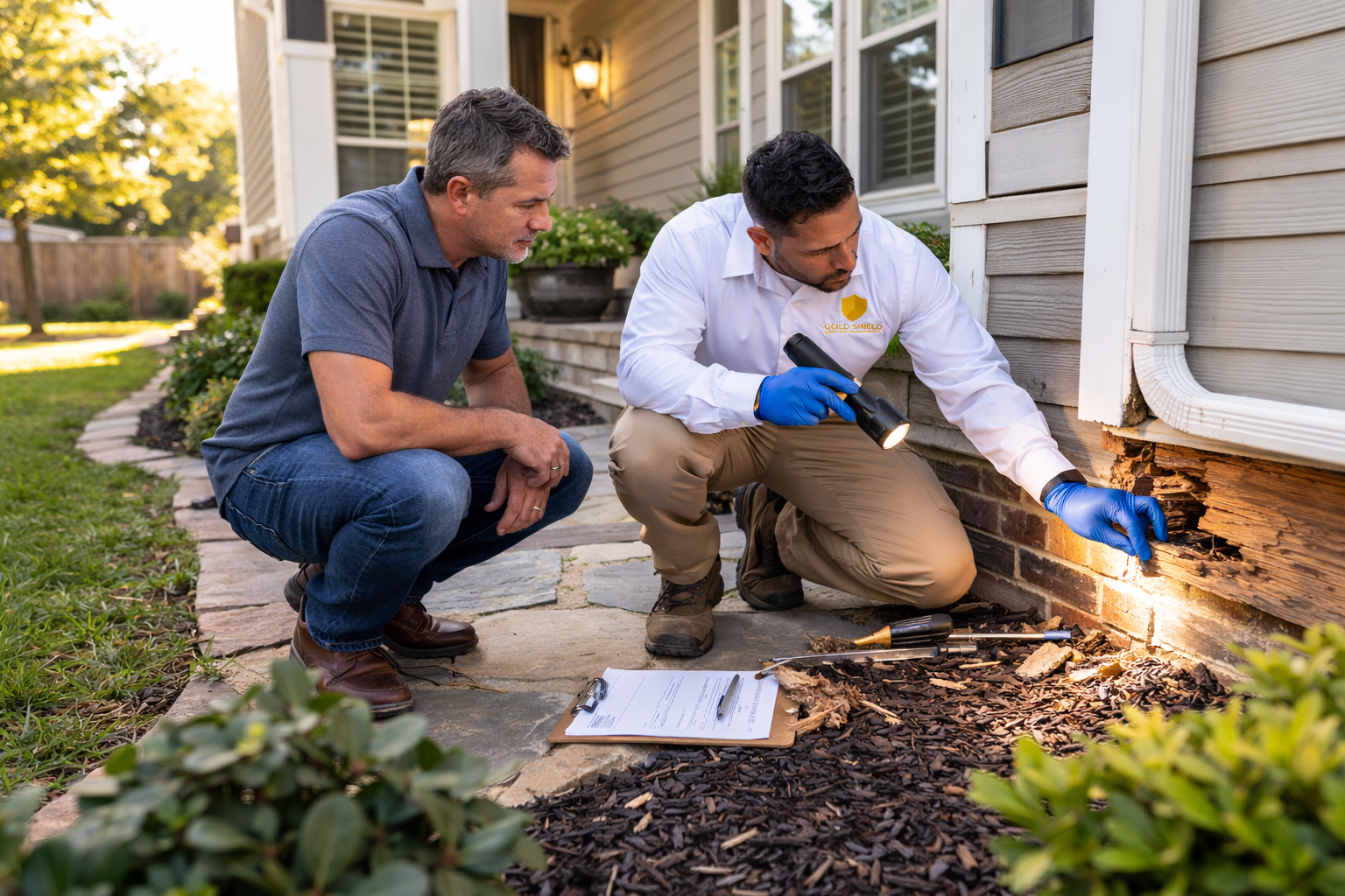 Technician inspecting wooden baseboards for termite damage inside San Antonio home